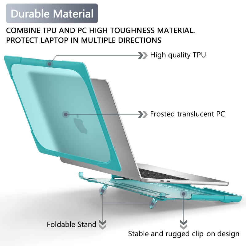 Batianda Heavy Duty Case for MacBook Pro 13 inch 2022 2020 Release A2338 M2 M1 A2289 A2251, Ergonomic Foldable Kickstand (Holds 22lbs) Matte Translucent Shockproof Cover with Spare Parts, Mint Green - Image 4